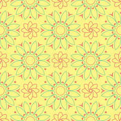 Fototapeta na wymiar Seamless pattern with floral design. Bright yellow background with pink and green flower elements