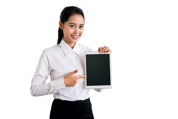 Smiling beautiful Asian business woman showing blank tablet pc screen