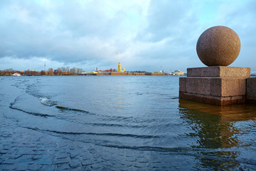 The view of the St. Petersburg  fortress with the high water
