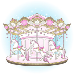 Carousel La Belle Epoque cute merry go round with horses design for kids in pastel colors hand drawn vector illustration