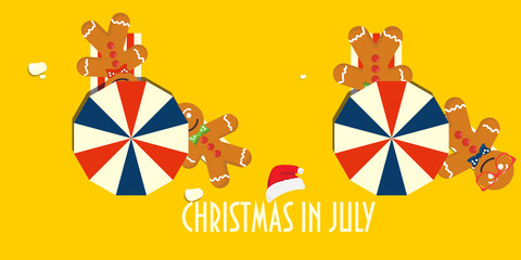 Christmas in July vector illustration, poster or banner. Summer beach parasols, gingerbread men, santa hat and text Christmas in July.