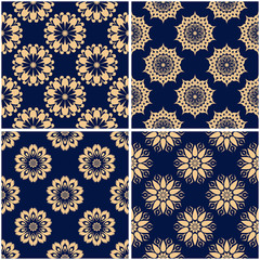 Floral patterns. Set of golden blue seamless backgrounds
