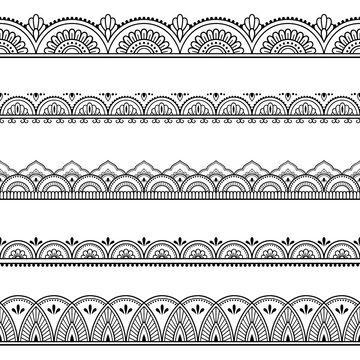 Naklejki Set of seamless borders for design and application of henna. Mehndi style. Decorative pattern in oriental style.