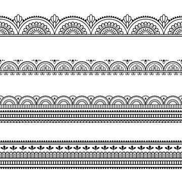 Set of seamless borders for design and application of henna. Mehndi style. Decorative pattern in oriental style.