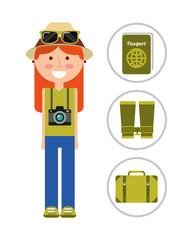 travelers vacation woman with camera hat and sunglasses vector illustration
