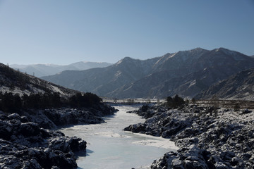 Snow winter mountain lake bright and early, Russia, Siberia, Altai