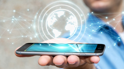 Businessman using planet earth network sphere 3D rendering