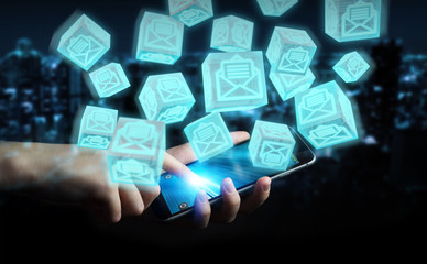 Businessman using floating cube emails 3D rendering
