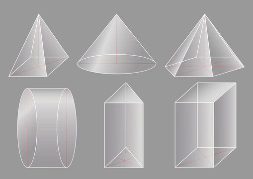 3d basic shapes. Prism, pyramid, cone, cylinder.