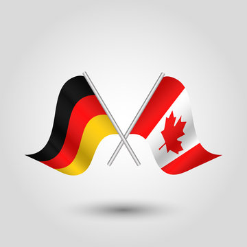 vector two crossed german and canadian flags on silver sticks - symbol of germany and canada