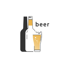 Beer bottle and a glass with a drink. Menu icon, beer restaurant, brewery. Vector illustration.