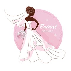 Bridal shower invitation. Young beautiful bride is in an elegant wedding dress. Vector illustration for your design.Invitation, greeting card, template for the bride show.