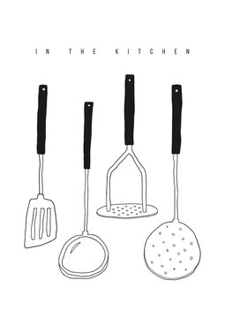 Hand drawn doodle utensils set. Kitchen tools elements on the white background. Potato masher, ladle, spatula, skimmer