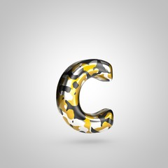 Camouflage letter C lowercase with golden, silver and black camouflage pattern isolated on white background.