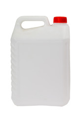 White plastic can for motor oil with cap isolated on a white background. Recyclable waste series.