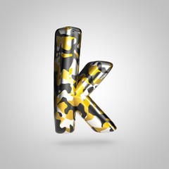 Camouflage letter K lowercase with golden, silver and black camouflage pattern isolated on white background.