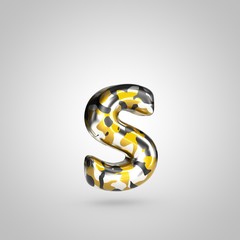 Camouflage letter S lowercase with golden, silver and black camouflage pattern isolated on white background.