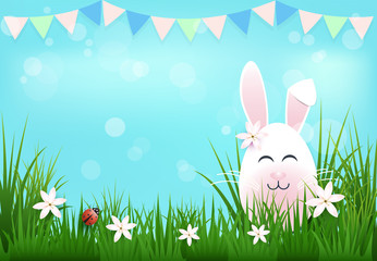 Egg bunny with flag and ladybug Easter day background