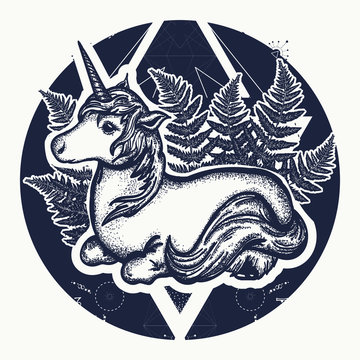 Magic unicorn tattoo art. Symbol of fantasy, dreams, souls. Unicorn in triangle t-shirt design