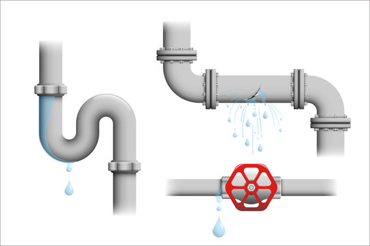Leaking pipe vector set. Broken water pipeline with leakage, leaking valve, dripping drain illustrations isolated on white. Various realistic depictions of plastic or metal pipe leakages.