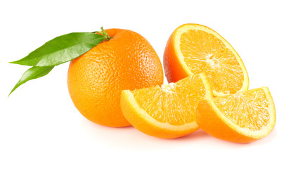 healthy food. orange with green leaf isolated on white background