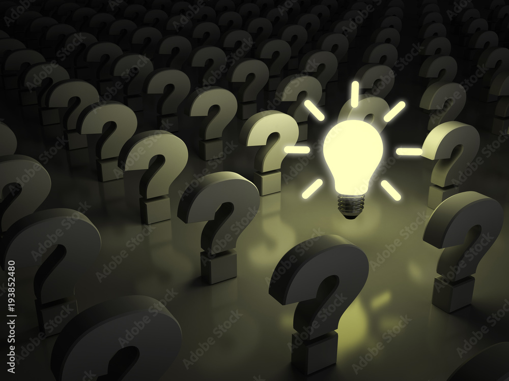 Aufkleber idea bulb glowing in the dark among question marks . 3d rendering.