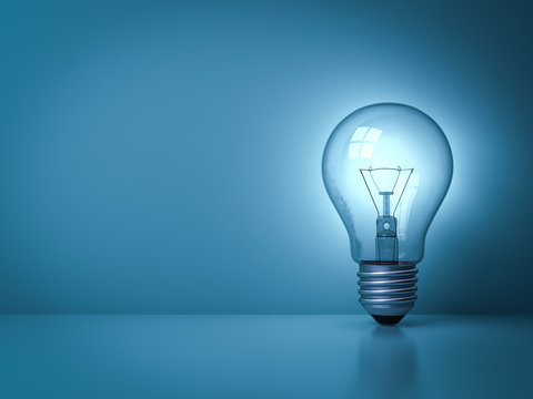 Idea light bulb glowing on the dark blue background with reflection . 3D rendering.