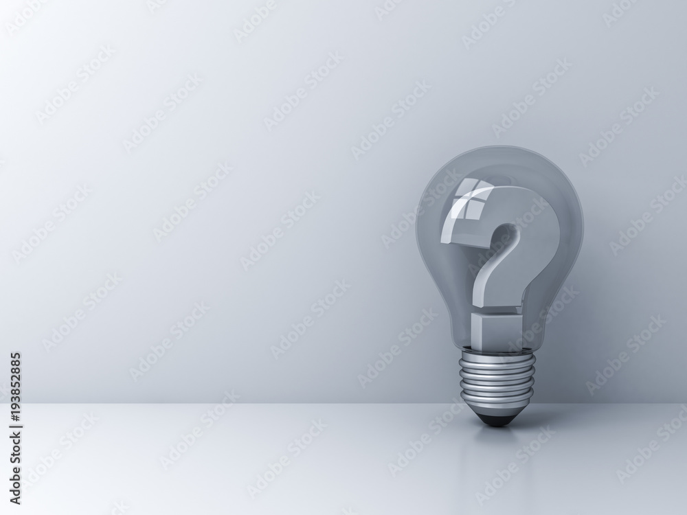 Poster question mark in glass light bulb on white background with shadow and reflection . 3d rendering.