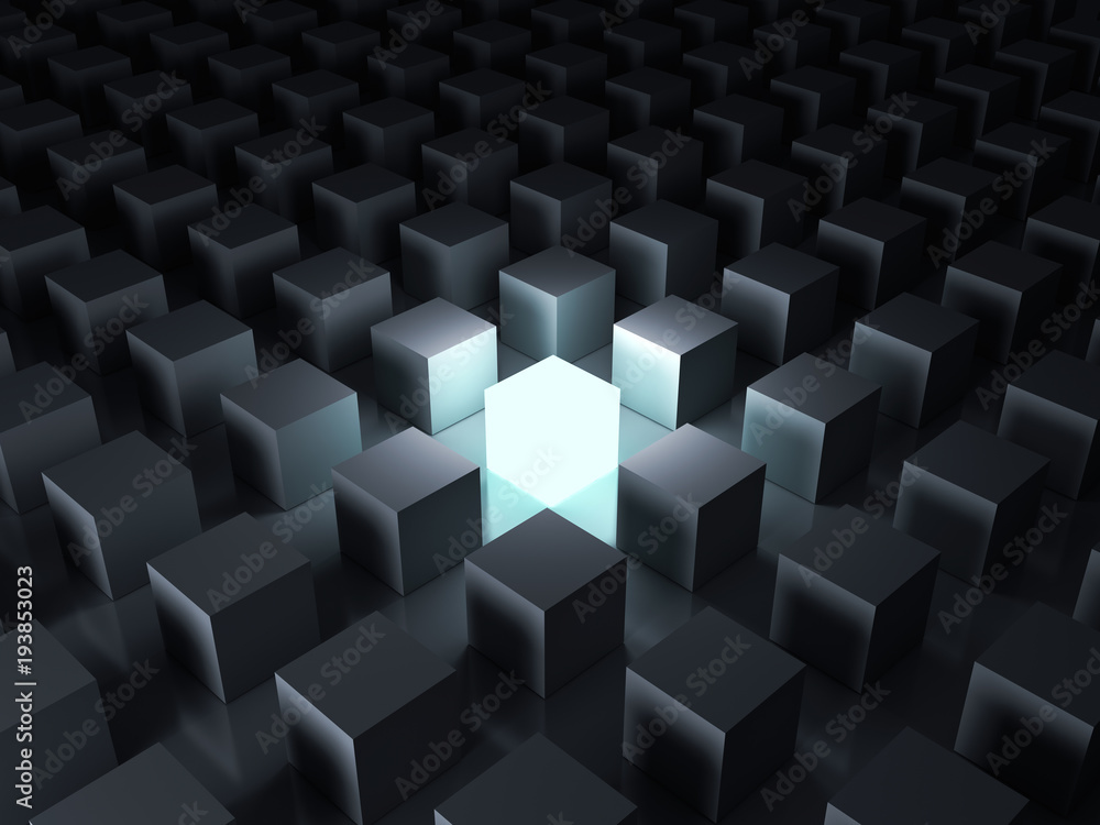 Poster stand out from the crowd and different creative idea concepts , one glowing light cube shining among