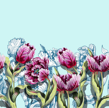 Border with tulips flowers drawing in different style graphic and realistic. Trendy fashion vector illustration.