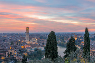 Fototapeta na wymiar View of Verona from Castel San Pietro at sunset, Italy