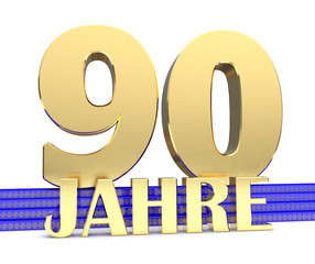 Golden number ninety and the inscription years on the blue stairs with golden symbols endless knot. Translated from the German - years. 3D illustration