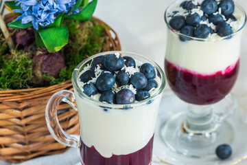 Blueberry coconut yogurt dessert garnished with fresh fruit