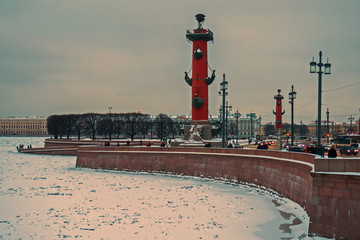 Neva, bound with ice and the spit of Vasilievsky island in St. Petersburg.