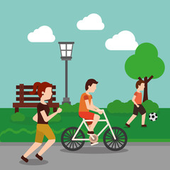 people sport activity in the park with bench tree lamp vector illustration