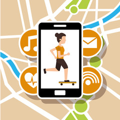woman riding skateboard smartphone map navigation vector illustration