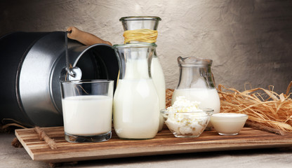 milk products. tasty healthy dairy products on a table on