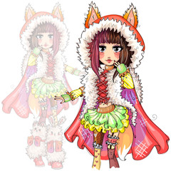 Cute fashion foxy girl with fox tail and ears cartoon character, little red riding hood hand drawn vector illustration