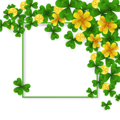 Saint Patrick Day border with green and gold four and tree Leaf clovers and golden coins on white background. Party invitation template. Lucky,success and money symbols vector illustration. - 193856441