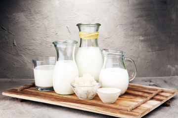 milk products. tasty healthy dairy products on a table on