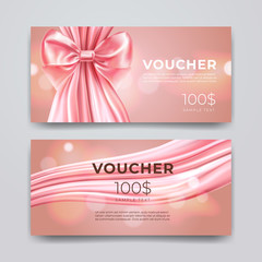 Gift voucher design template. Set of premium promotional card with realistic pink bow and silk isolated on bokeh background. Discount certificates, coupon or leaflet. Vector 3d illustration. - obrazy, fototapety, plakaty