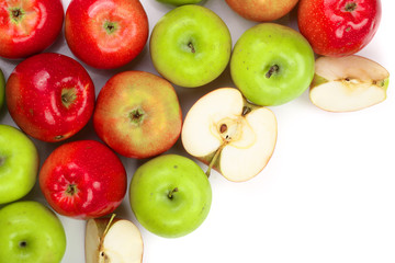 red and green apples isolated on white background with copy space for your text, top view. Flat lay pattern