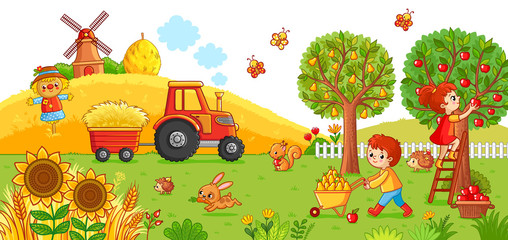 Vector illustration on a agricultural theme. The tractor in the field cleans the hay. Boy and a girl are harvesting.