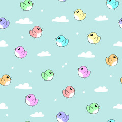Gift wrapping paper seamless pattern with cute cartoon birds and clouds, summer sky children vector illustration background