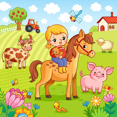 Naklejka premium The girl sits on a horse and holds a rabbit in her hands. Vector illustration with animals on the farm.