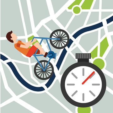 young man riding bike in navigation map stopwatch vector illustration