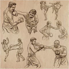 Box. Boxing Sport. Vector collection of boxing positions of some sportmen. An hand drawn set.