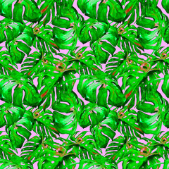 Watercolor Seamless Pattern. Hand Painted Illustration of Tropical Leaves and Flowers. Tropic Summer Motif with Liana Pattern.