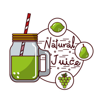 lemon pear grape fruit and glass jar natural juice vector illustration