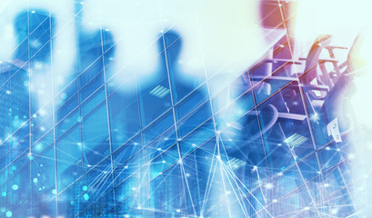 Businessmen that work together in office with network connection effect. Concept of teamwork and partnership. double exposure